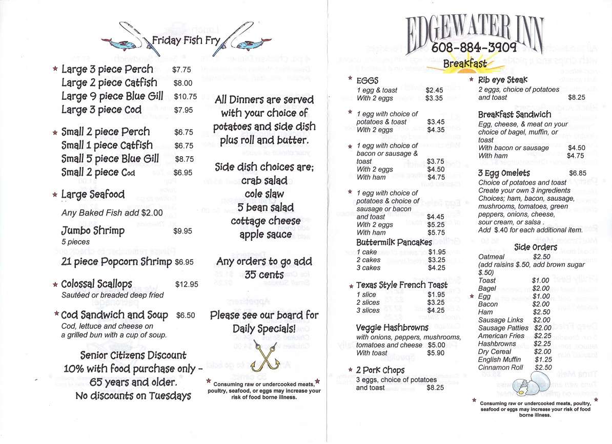 Edgewater Inn Menu, Menu for Edgewater Inn, Edgerton, Madison