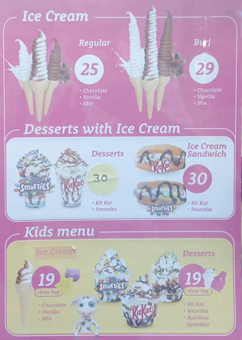 Menu of Milky Ice Cream, Bluewaters Island, Dubai