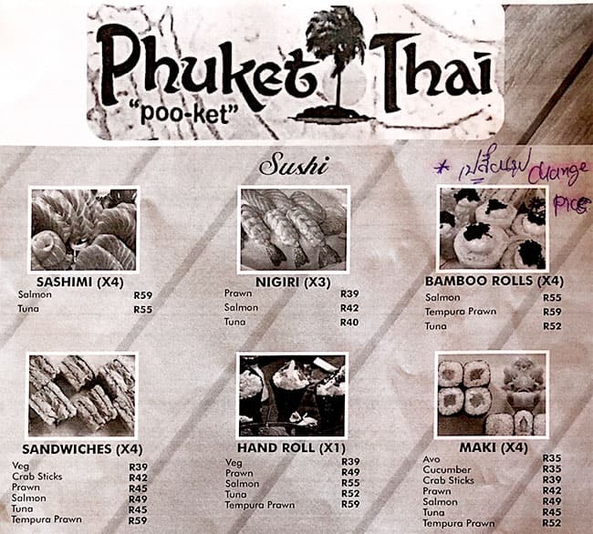 Menu de Phuket Thai