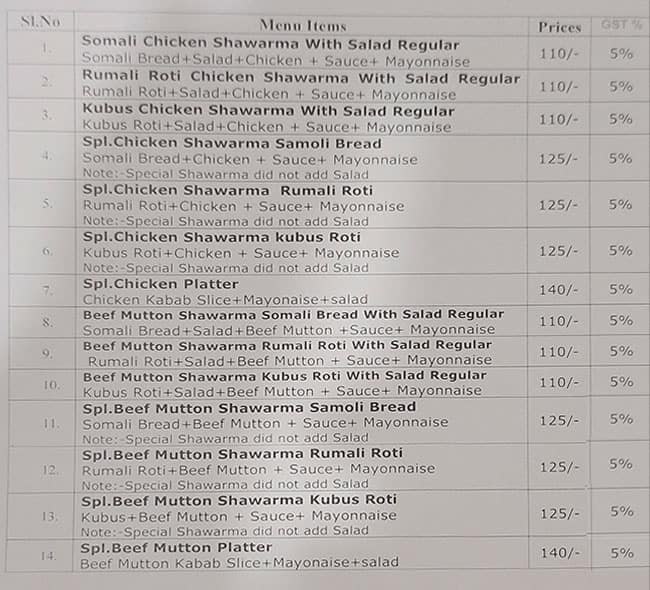 Al-Arabian Shawarma menu