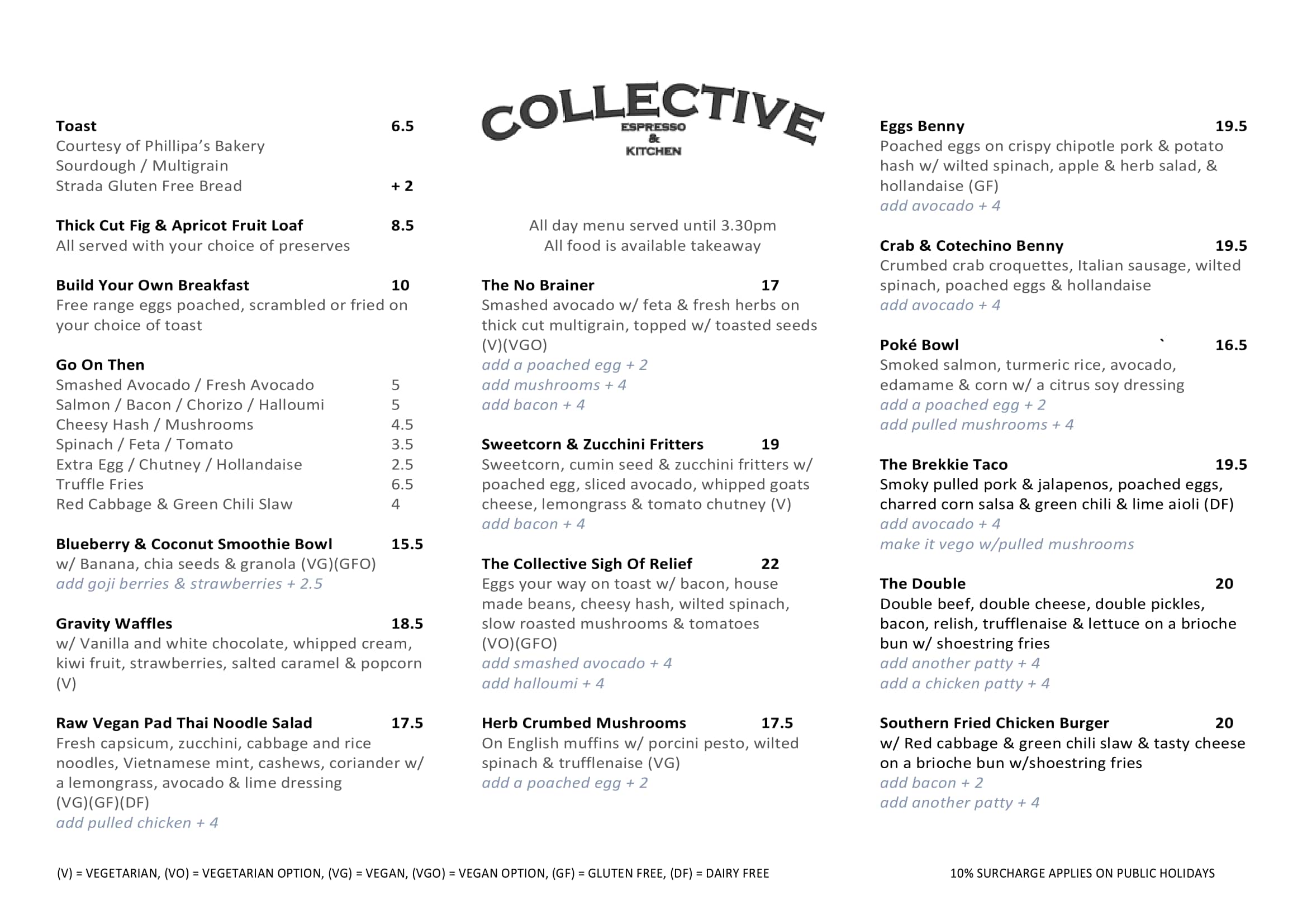 Collective Espresso Menu, Menu for Collective Espresso, Camberwell