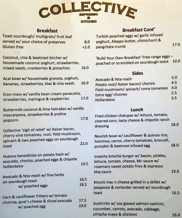 Collective Espresso Menu, Menu for Collective Espresso, Camberwell