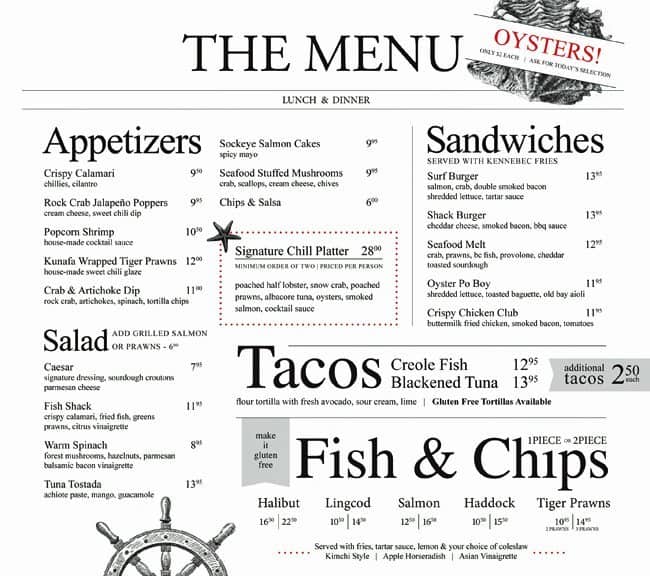 The Fish Shack Menu, Menu for The Fish Shack, Downtown, Vancouver