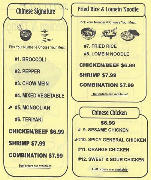 Chicken n Things menu, Menu restauracji Chicken n Things, Cedar Crest