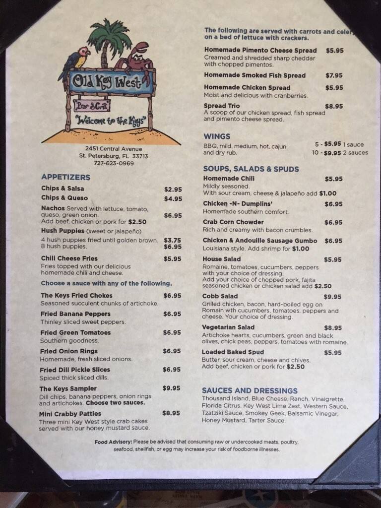 Menu at Mixers At Old Key West Bar & Grill, Saint Petersburg