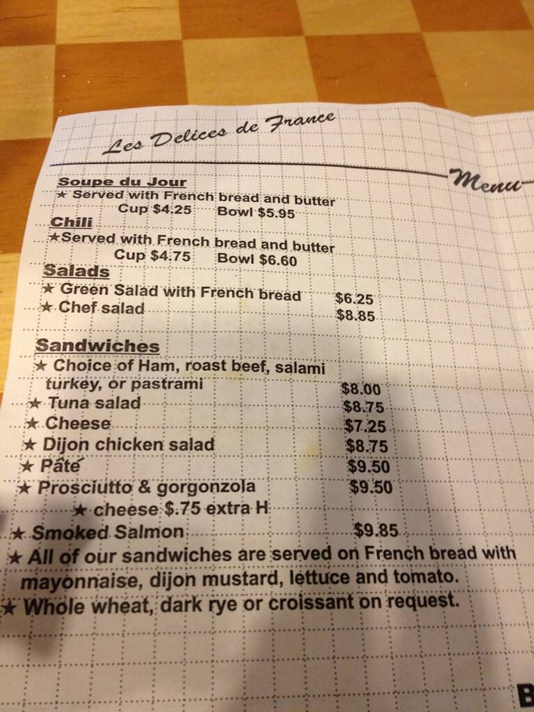 Menu at Les Délices de France restaurant, Vail