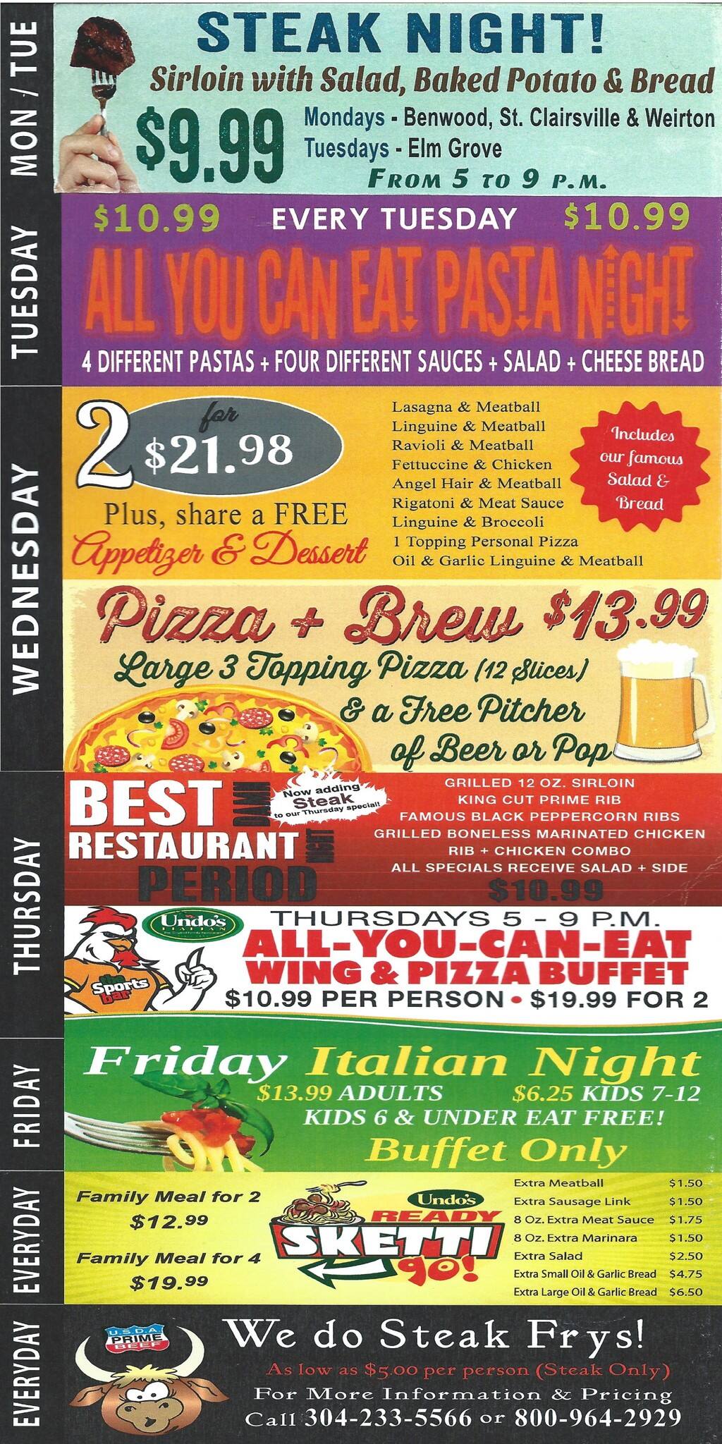 Menu at Undo's Elm Grove pub & bar, Wheeling