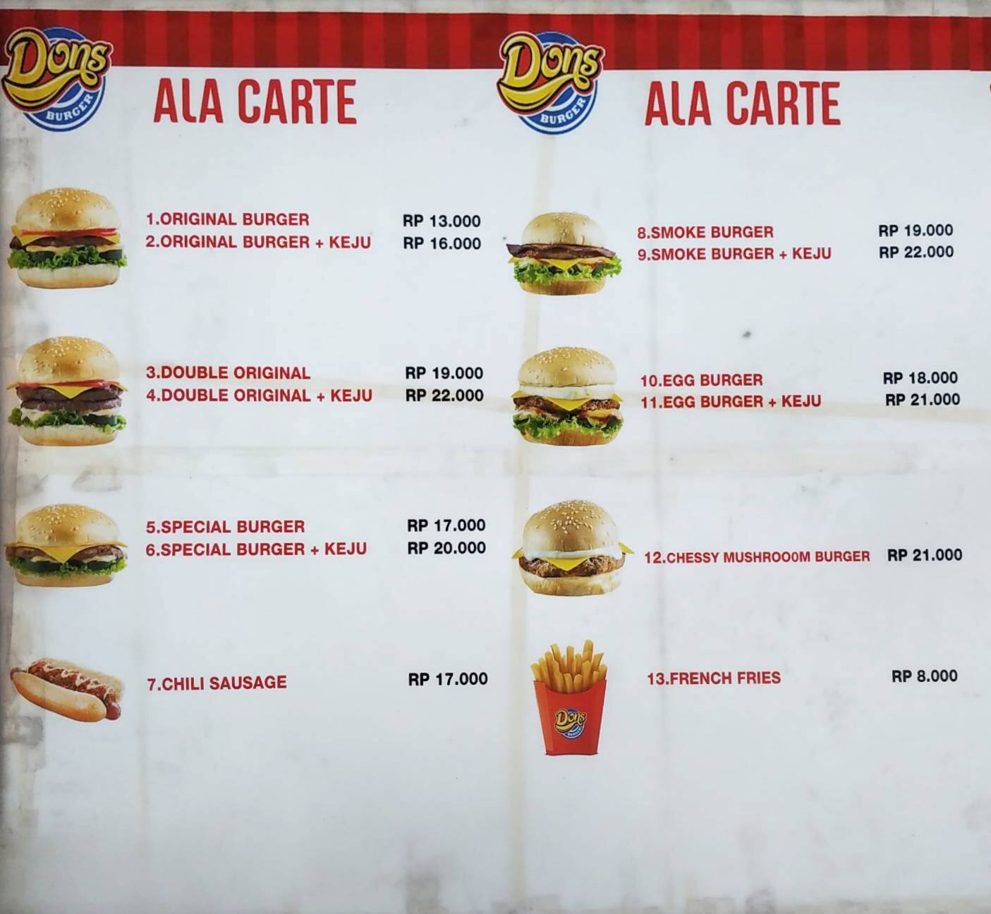Menu at Don's Burger restaurant, South Jakarta