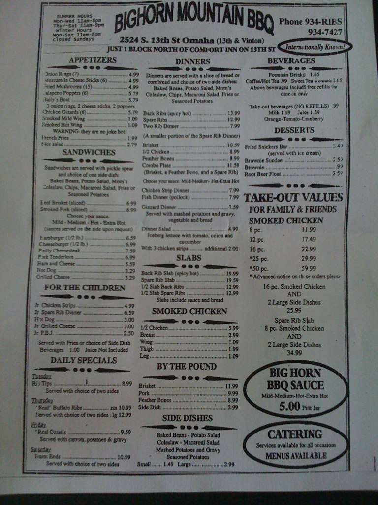 Big Horn Mountain Barbecue Menu Urbanspoon/Zomato