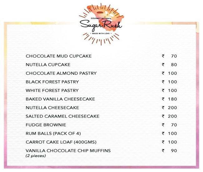 Menu at Sugar Rush, Bogmalo