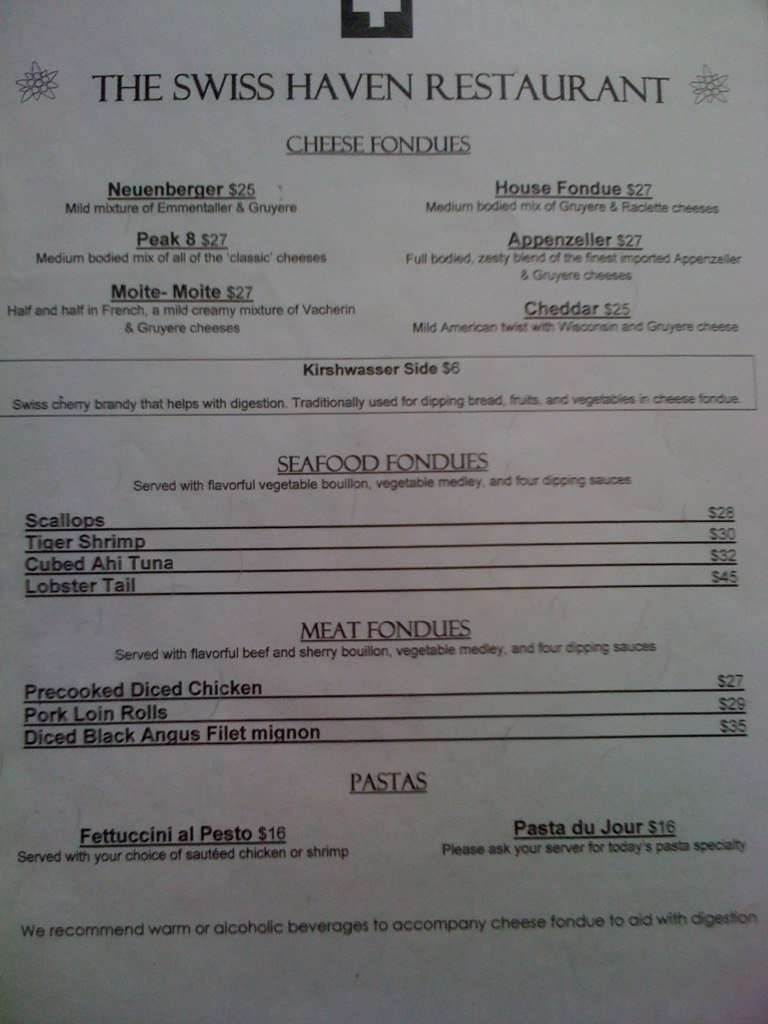 Swiss Haven Restaurant Menu, Menu for Swiss Haven Restaurant