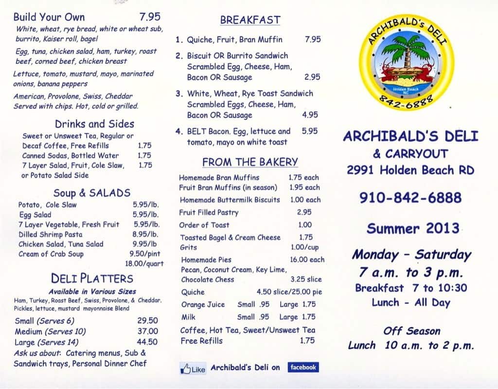 Menu at Archibald's restaurant, Holden Beach