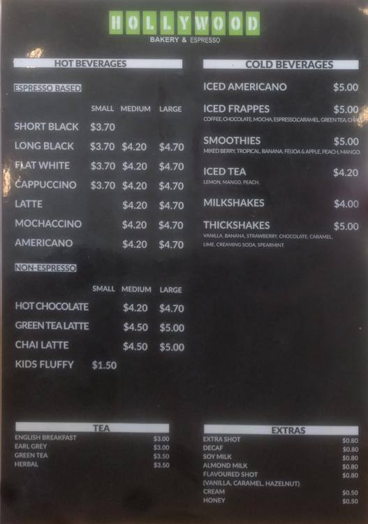 Hollywood Bakery & Espresso Menu Menumania/Zomato