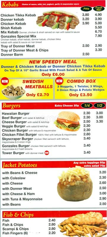 Menu at Speedy Gonzales fast food, Salford