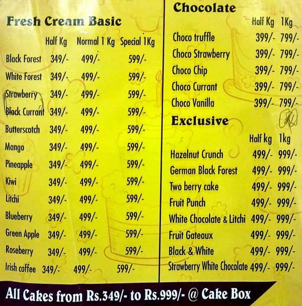 box of cake menu