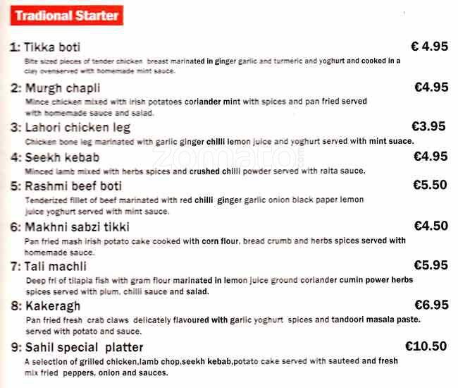 Sahil Menu, Menu for Sahil, Portobello, Dublin Zomato Ireland
