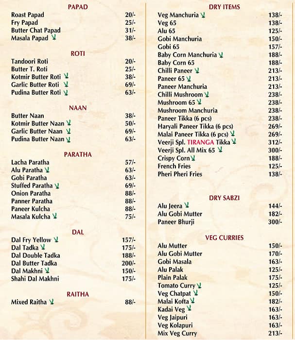 Menu of Veerji Ka Dhaba, Necklace Road, Hyderabad