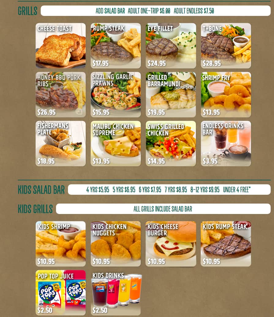 Menu at Sizzler restaurant, Campbelltown