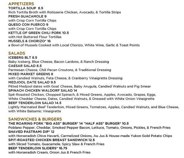 Menu at Roaring Fork restaurant, Austin, Stonelake Blvd