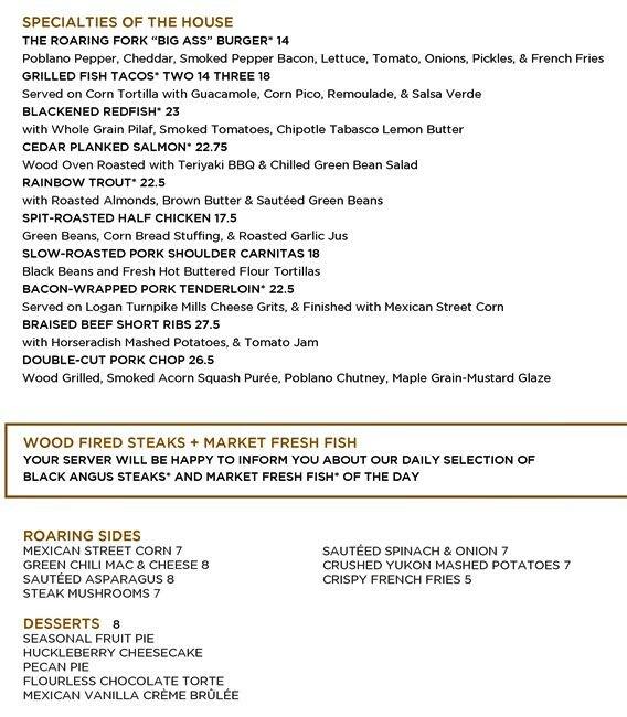 Menu at Roaring Fork restaurant, Austin, Stonelake Blvd