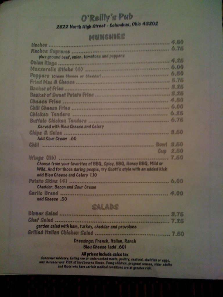 O Reilly S Pub Menu Menu For O Reilly S Pub Clintonville Columbus