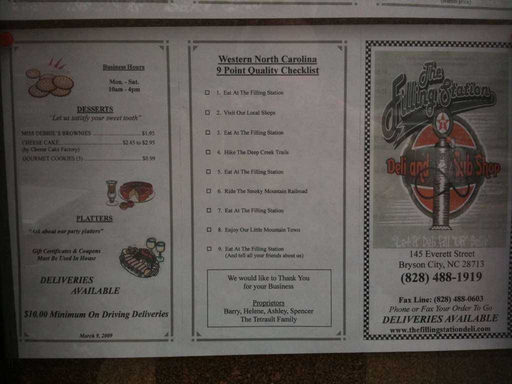 Menu at The Filling Station, Bryson City