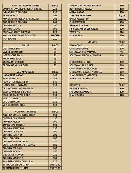 Menu of Royal Restaurant, Bommasandra, Bangalore