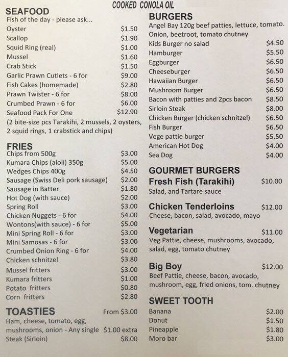 The Chip Basket Menu, Menu for The Chip Basket, Glenfield, Auckland