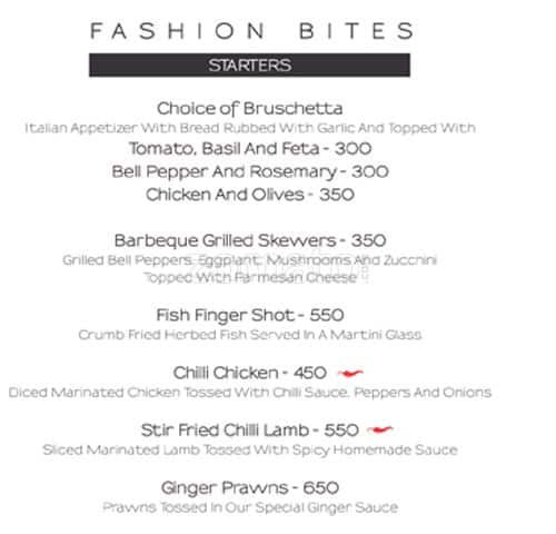 F Bar & Lounge menu