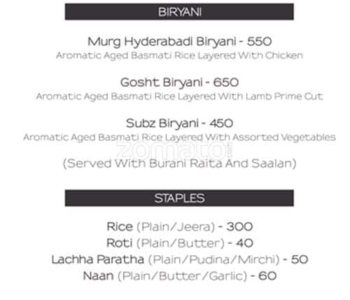 F Bar & Lounge menu