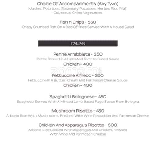 F Bar & Lounge menu
