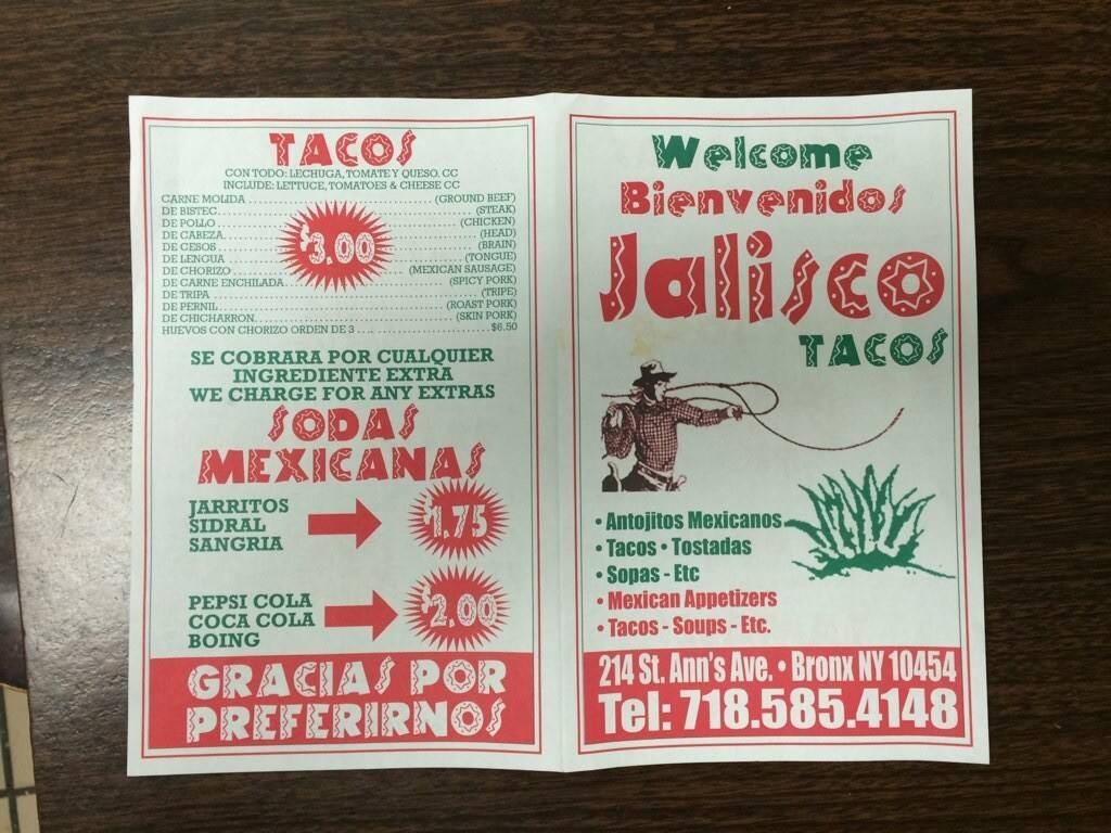 Jalisco Tacos Menu, Menu for Jalisco Tacos, Mott Haven, New York City