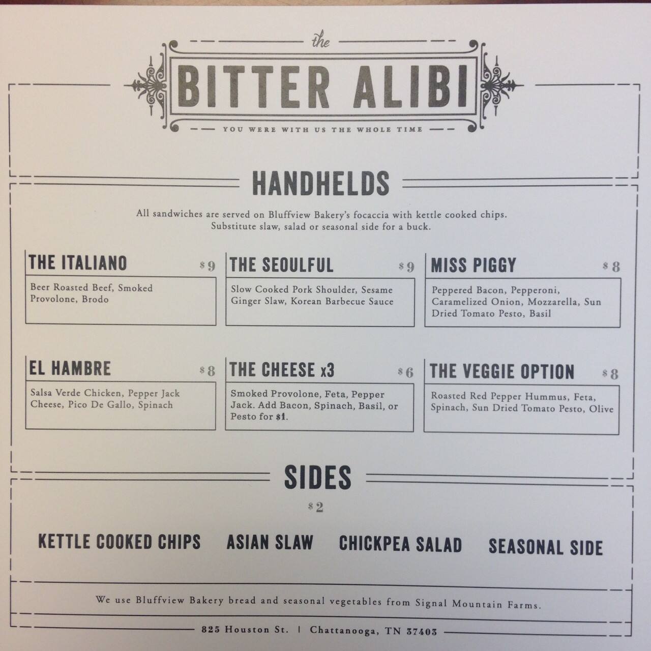 The Bitter Alibi Menu, Menu for The Bitter Alibi, Chattanooga