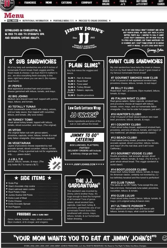 Jimmy John's Menu, Menu for Jimmy John's, Oxford, Oxford Urbanspoon