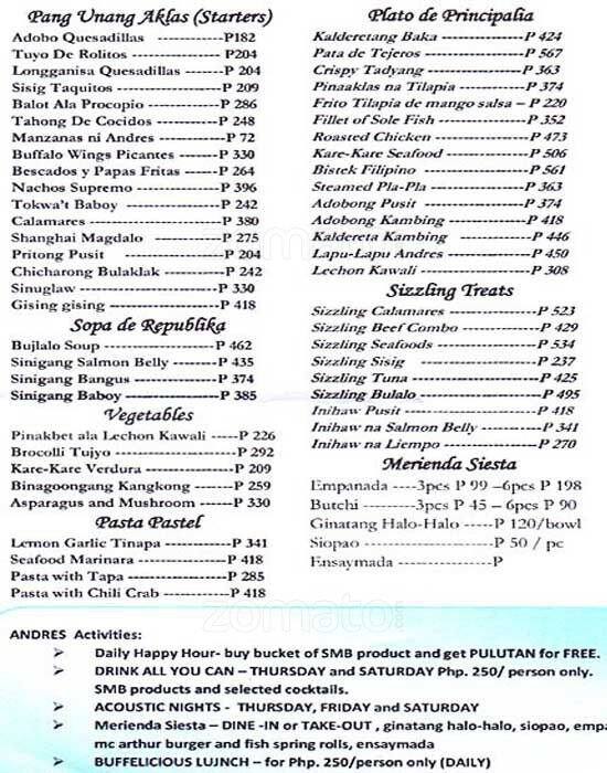 Menu at Andres fast food, Makati