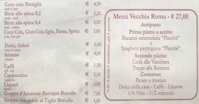 Vecchia Roma A Roma Foto Del Menu Con Prezzi