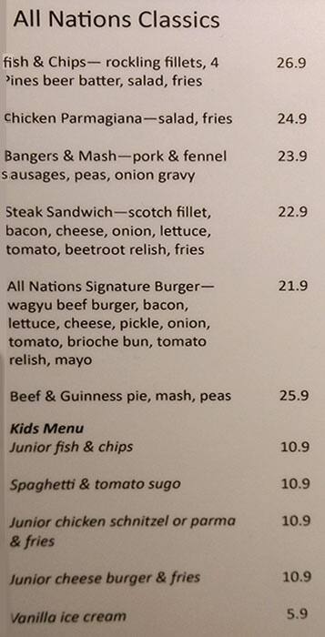 All Nations Hotel menu