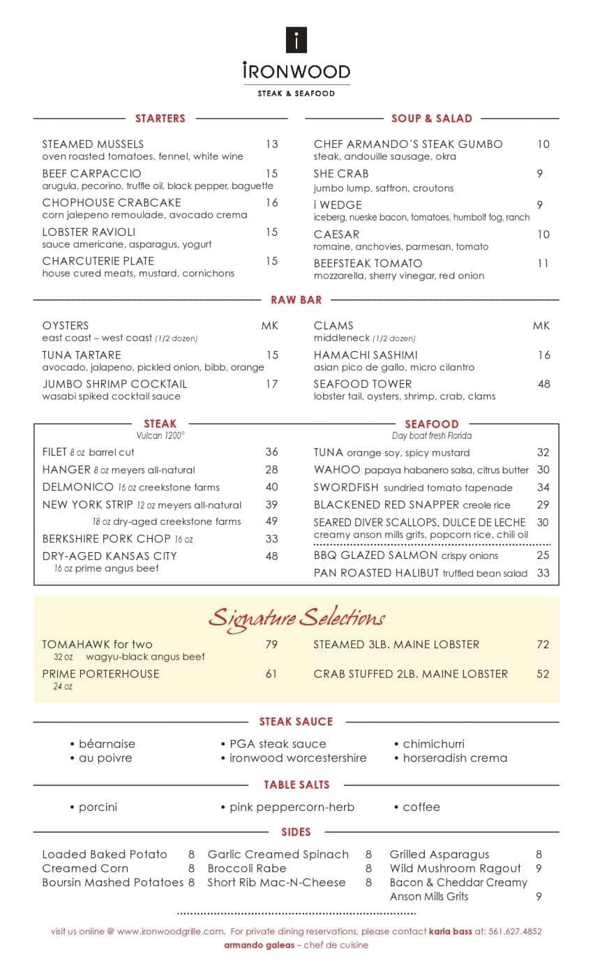 Menu at Ironwood Steak & Seafood steakhouse, Palm Beach Gardens, 400 ...