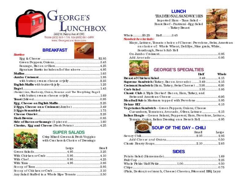 Menu at Lunch Box, Phoenix