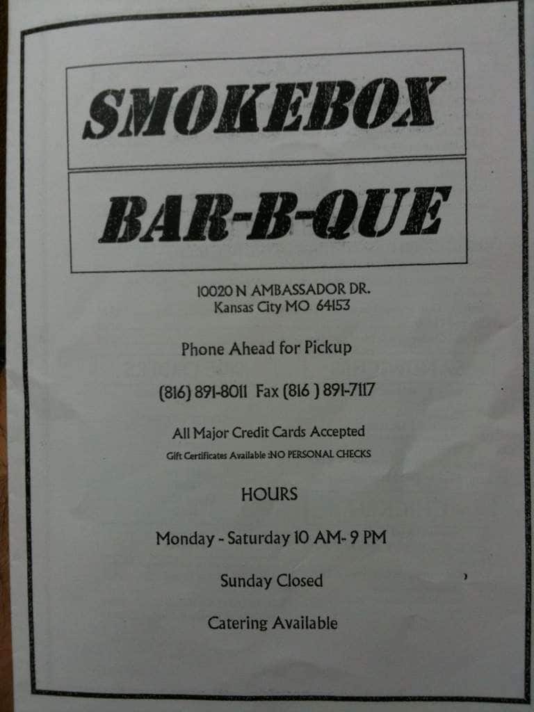 Smokebox BBQ Menu, Menu for Smokebox BBQ, Kansas City North, Kansas