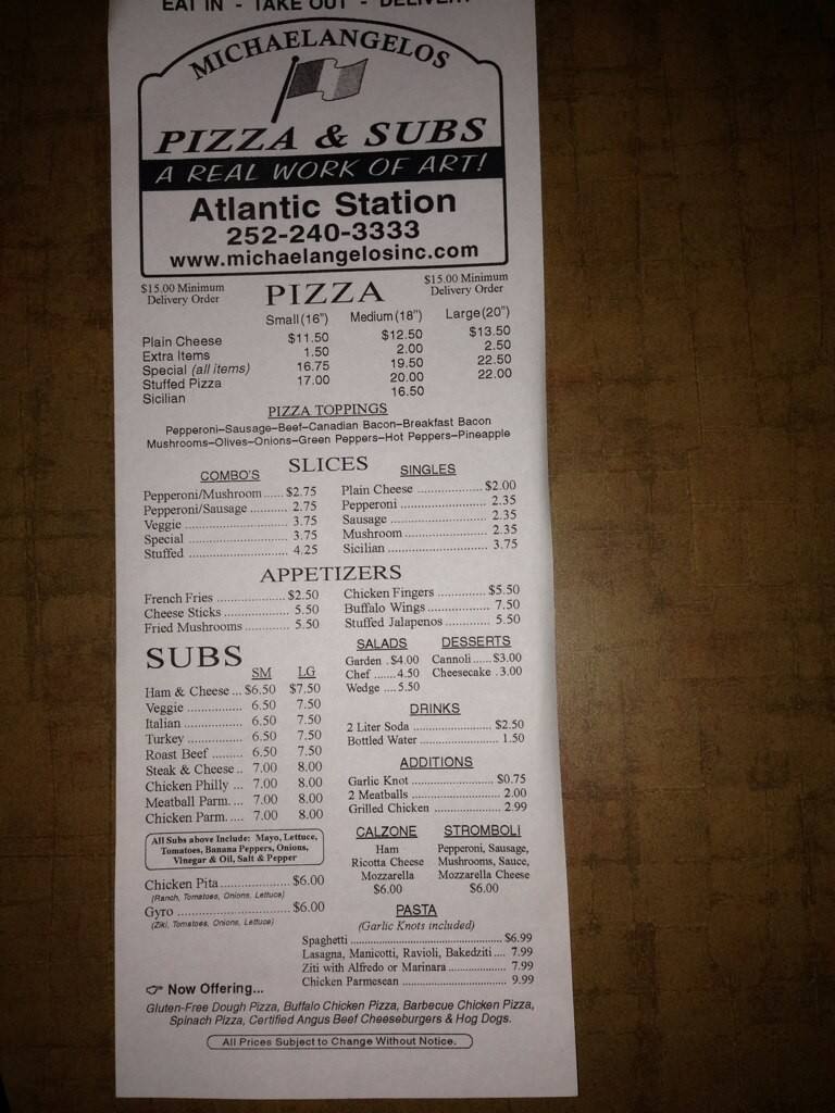 Michaelangelos Menu, Menu for Michaelangelos, Atlantic Beach, Atlantic