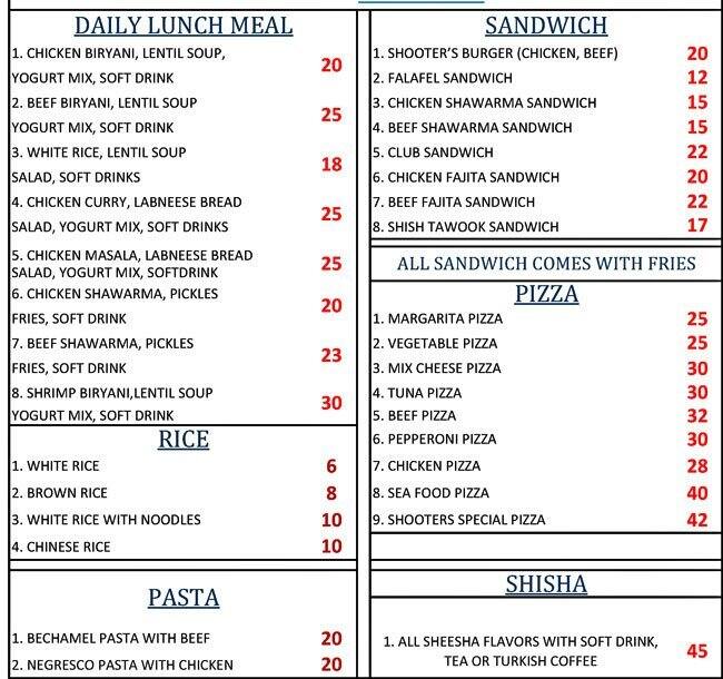 Shooters Restaurant, Billiards & Cafe Menu Zomato