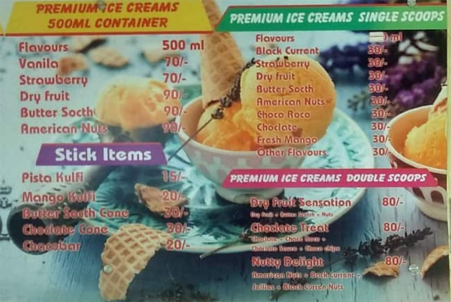 Venus Ice Cream Parlour menu
