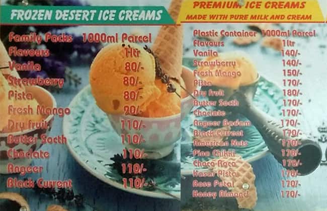 Venus Ice Cream Parlour menu