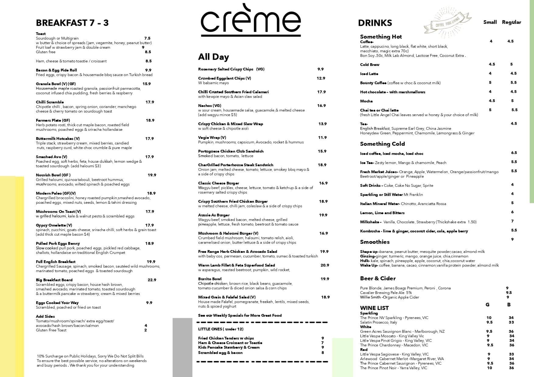Menu at Creme cafe, Port Melbourne, 70 Bay St