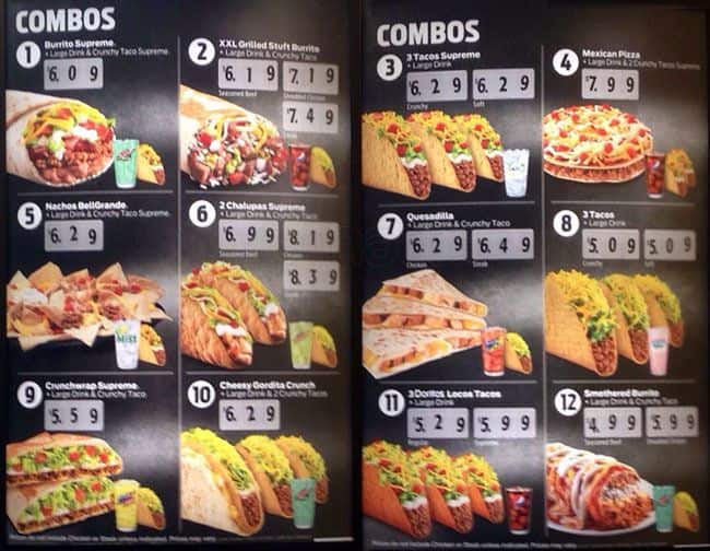 Menu at Taco Bell fast food, Chicago, 500 W Madison St