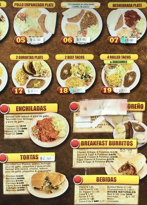 Menu at Tacos El Pastor restaurant, Irving