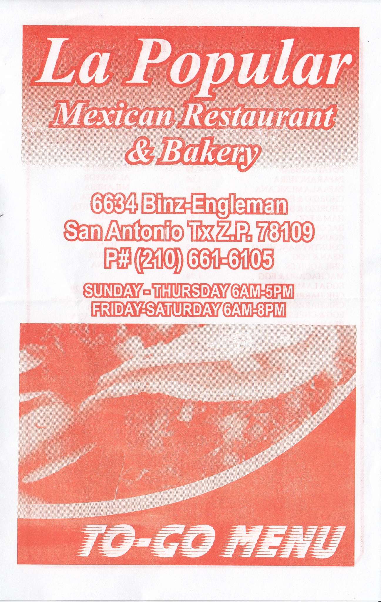 Menu at La Popular Bakery & Taqueria.Converse, Converse, Binz Engleman Rd
