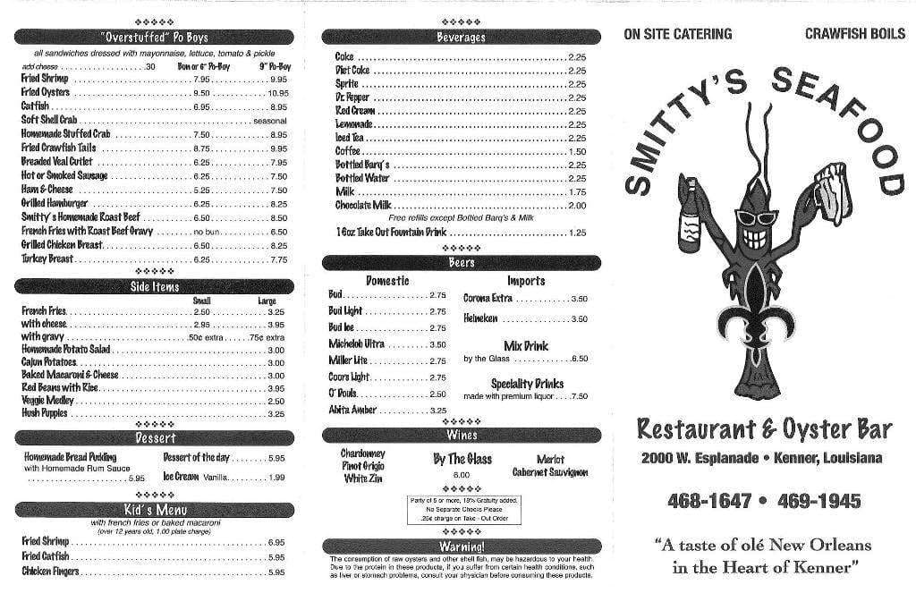 Smitty's Seafood menu, Menu restauracji Smitty's Seafood, Kenner, New