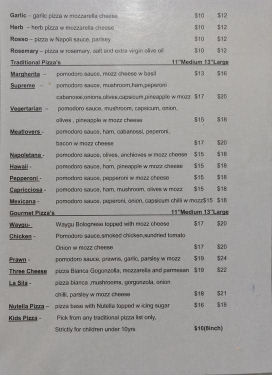 Menu at Rimini cafe, Kingsgrove